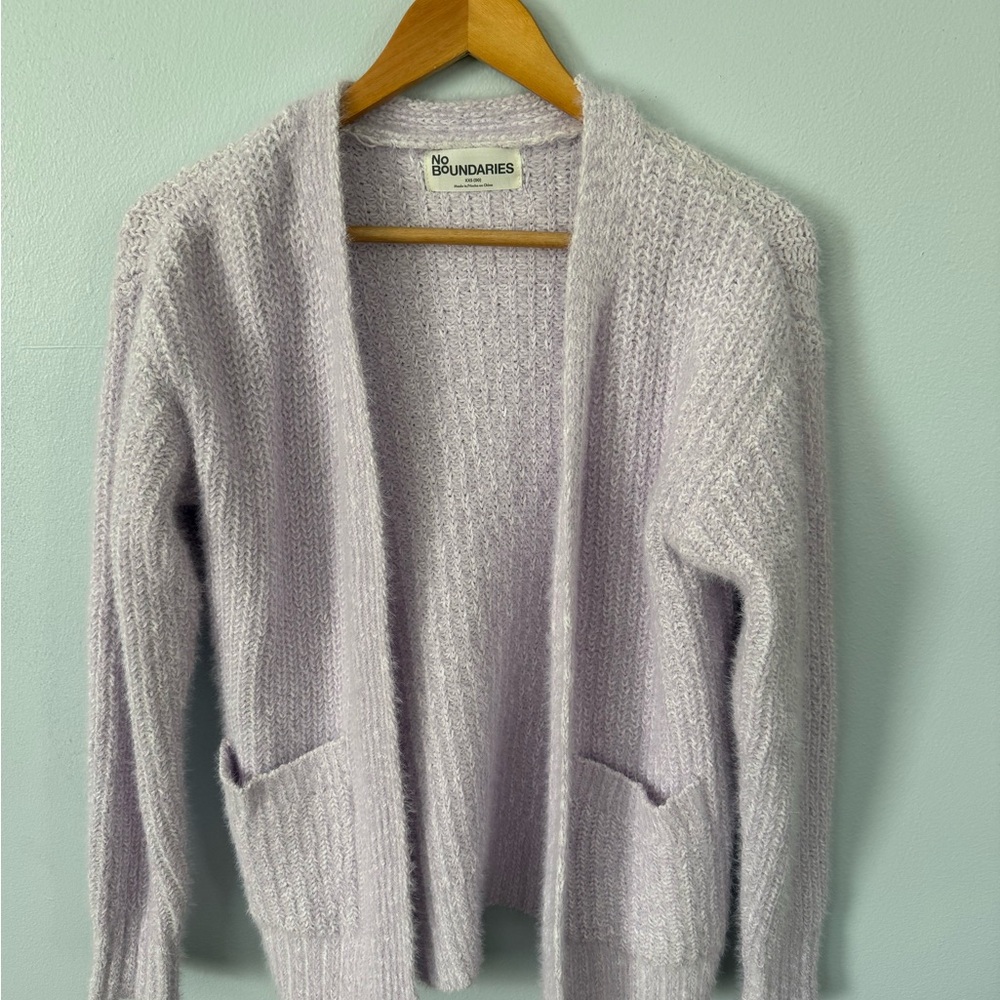 No Boundaries Lilac Open-Front Fuzzy Knit Cardigan, XXS